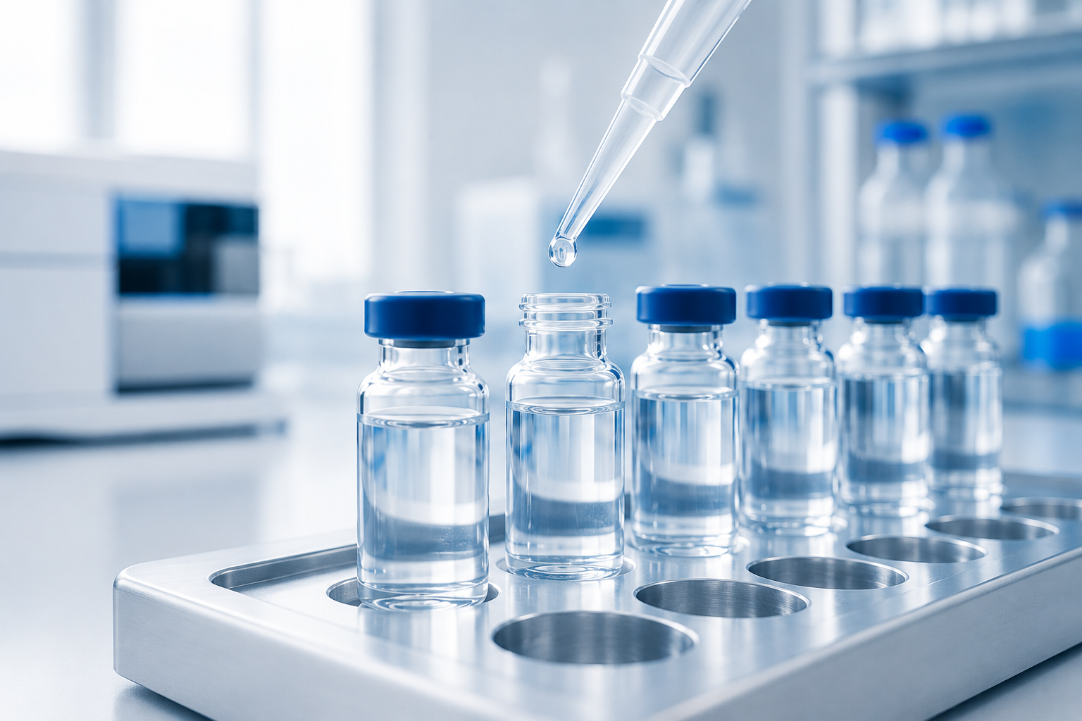 Clear pharmaceutical vials in a stainless steel tray with a pipette dispensing a droplet in a bright laboratory